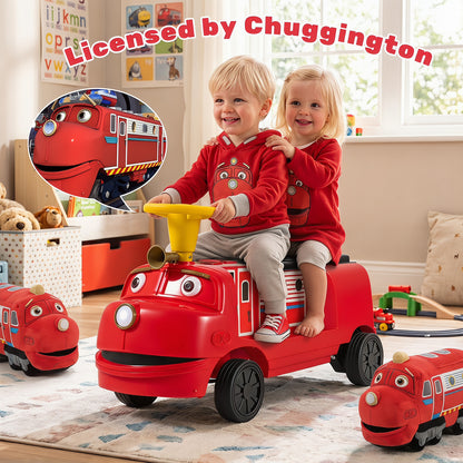 The kids electric train in a playroom with a child and toy trains in the background
