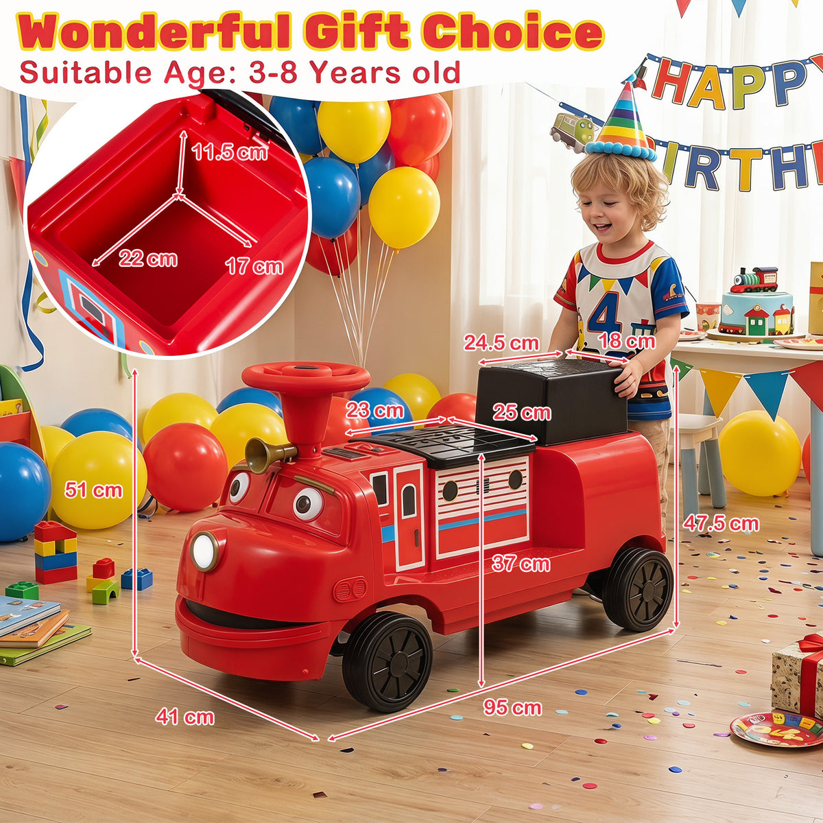 The kids electric train shown with various measurement arrows indicating its dimensions