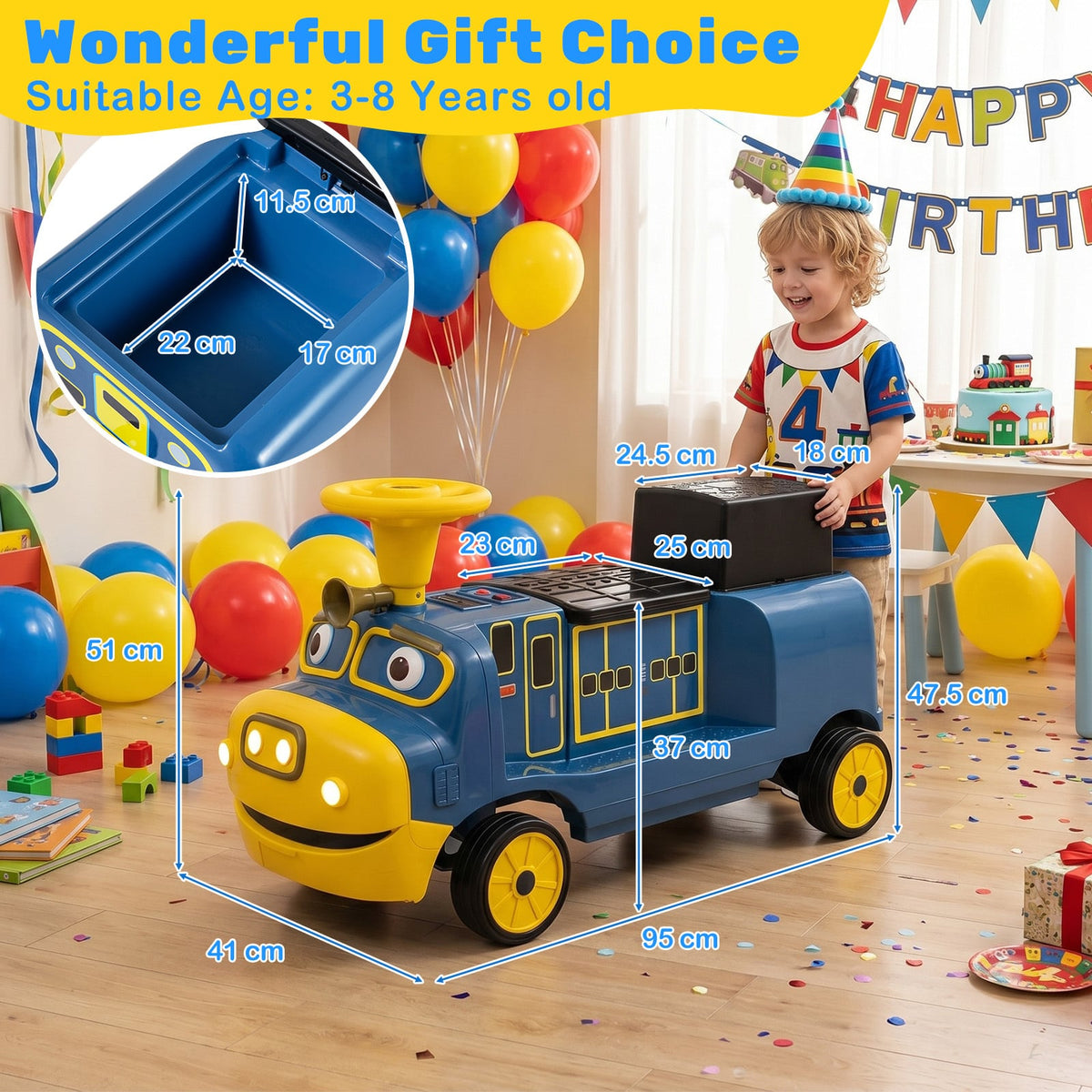 Dimensions of the blue Chuggington ride on train with a child standing next to it