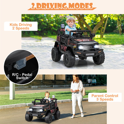 Child driving the electric car with parent supervising and remote control option
