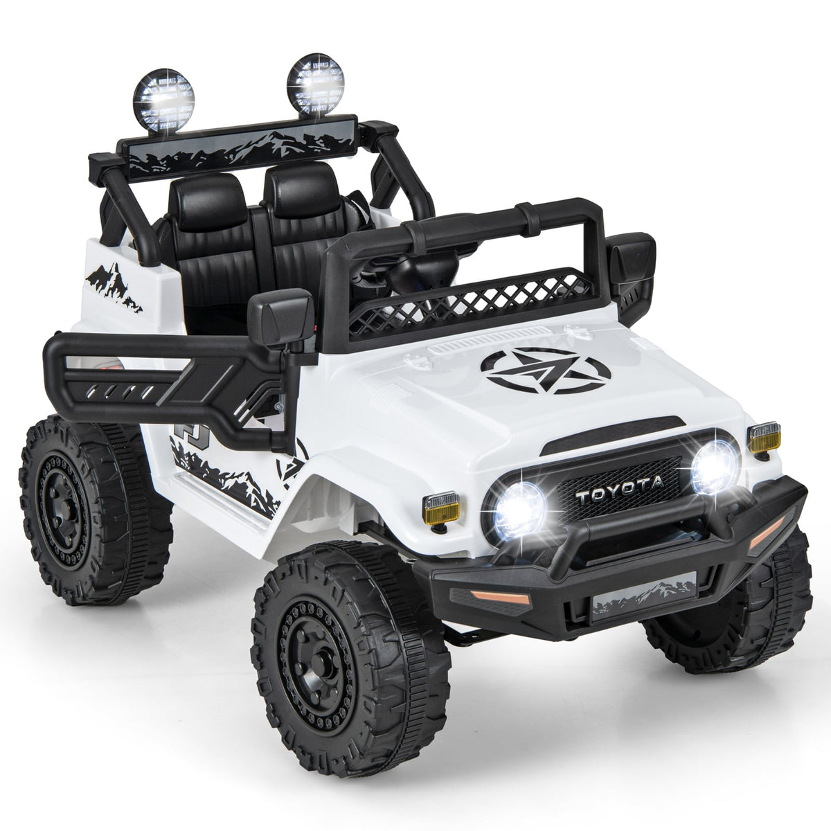 12V 7Ah Licensed Toyota FJ Cruiser Electric Car in white with illuminated headlights and roof lights