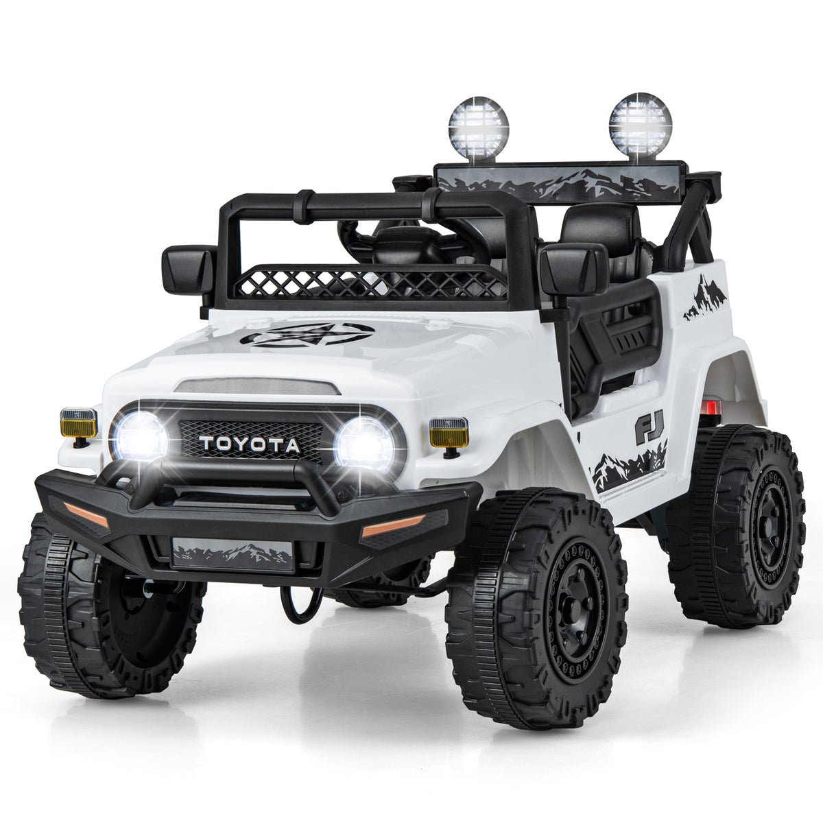 The kids electric car featuring a white body with black trim and bright front lights