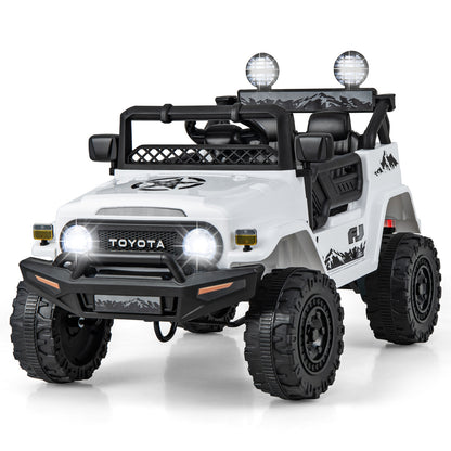 The kids electric car featuring a white body with black trim and bright front lights