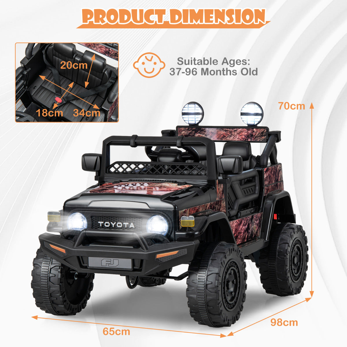 Kids electric car with dimensions shown for height width and depth