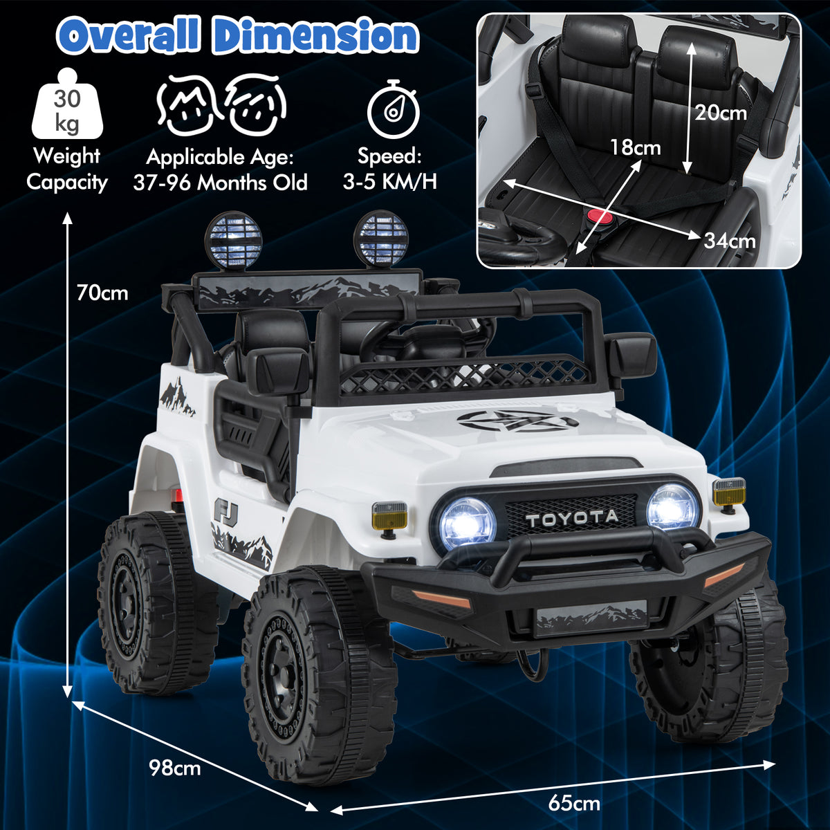 The kids electric car with technical diagrams showing dimensions and seat measurements