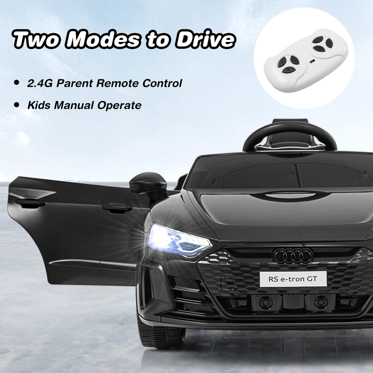The black kids electric car with doors open, showing remote control and manual operation modes