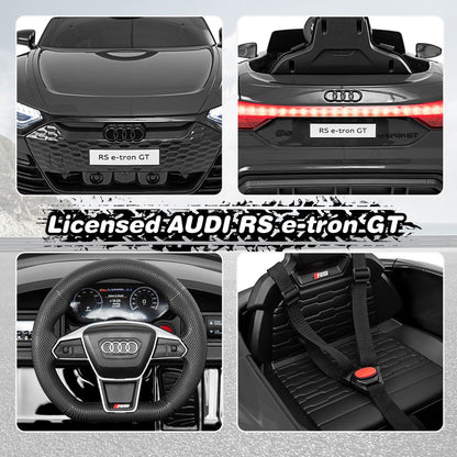 Close ups of the black kids electric car interior, steering wheel and seatbelt