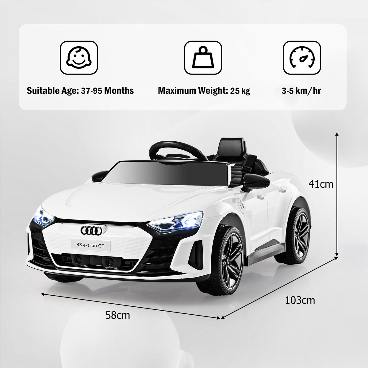 Dimensions of the white kids electric car, showing height, width and depth