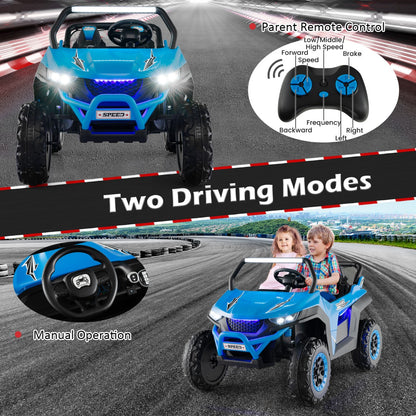 The kids electric car showing the remote control and manual driving mode options