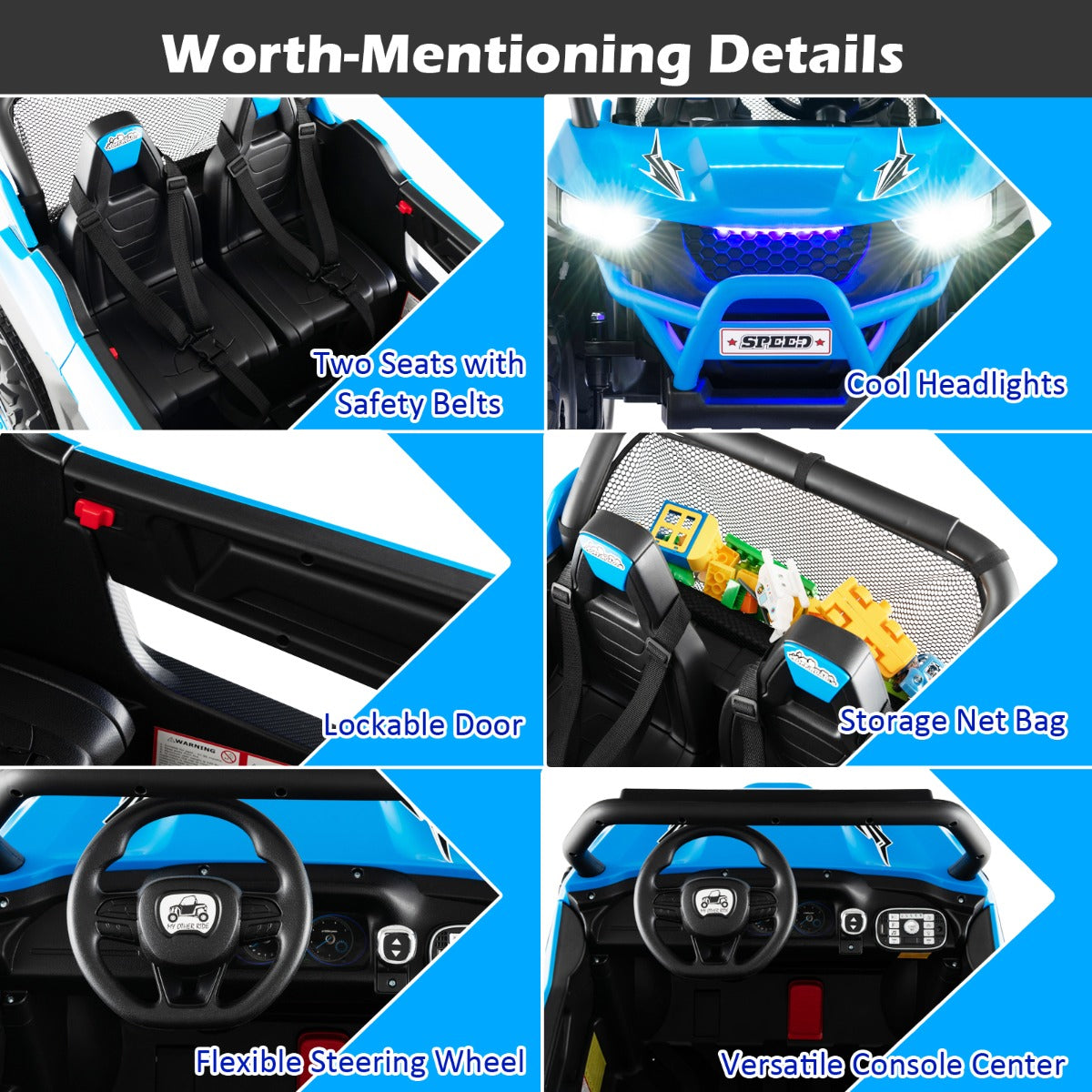 The kids electric car highlighting the safety belts, headlights, lockable door and console