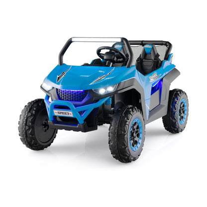 12V Battery Powered Electric Car in bright blue with chunky black tyres and illuminated headlights