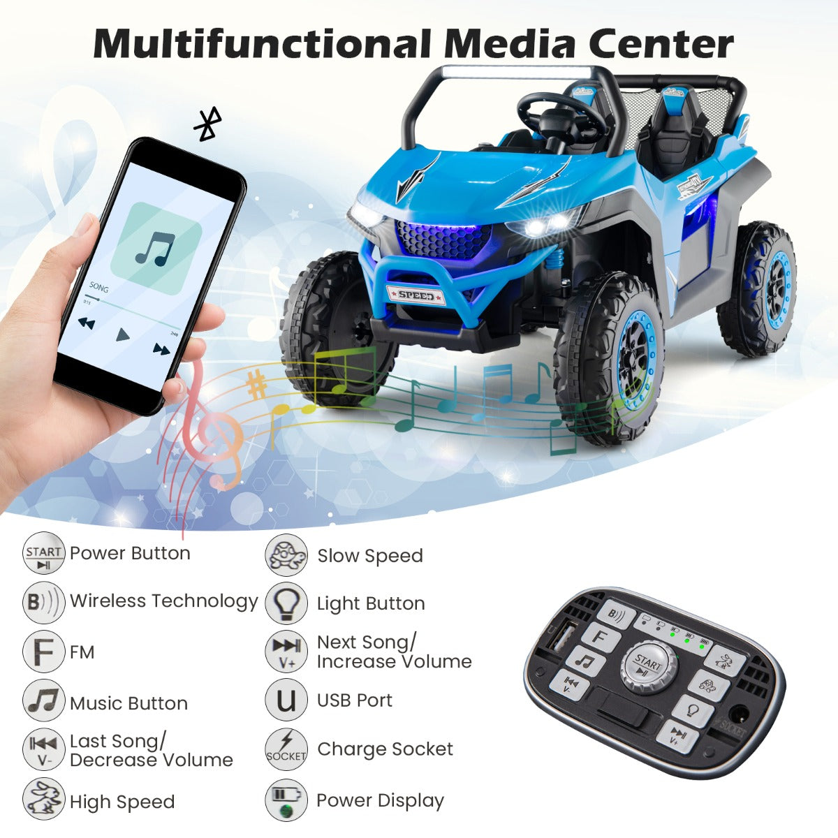 The kids electric car showing the media centre functions and mobile phone connectivity