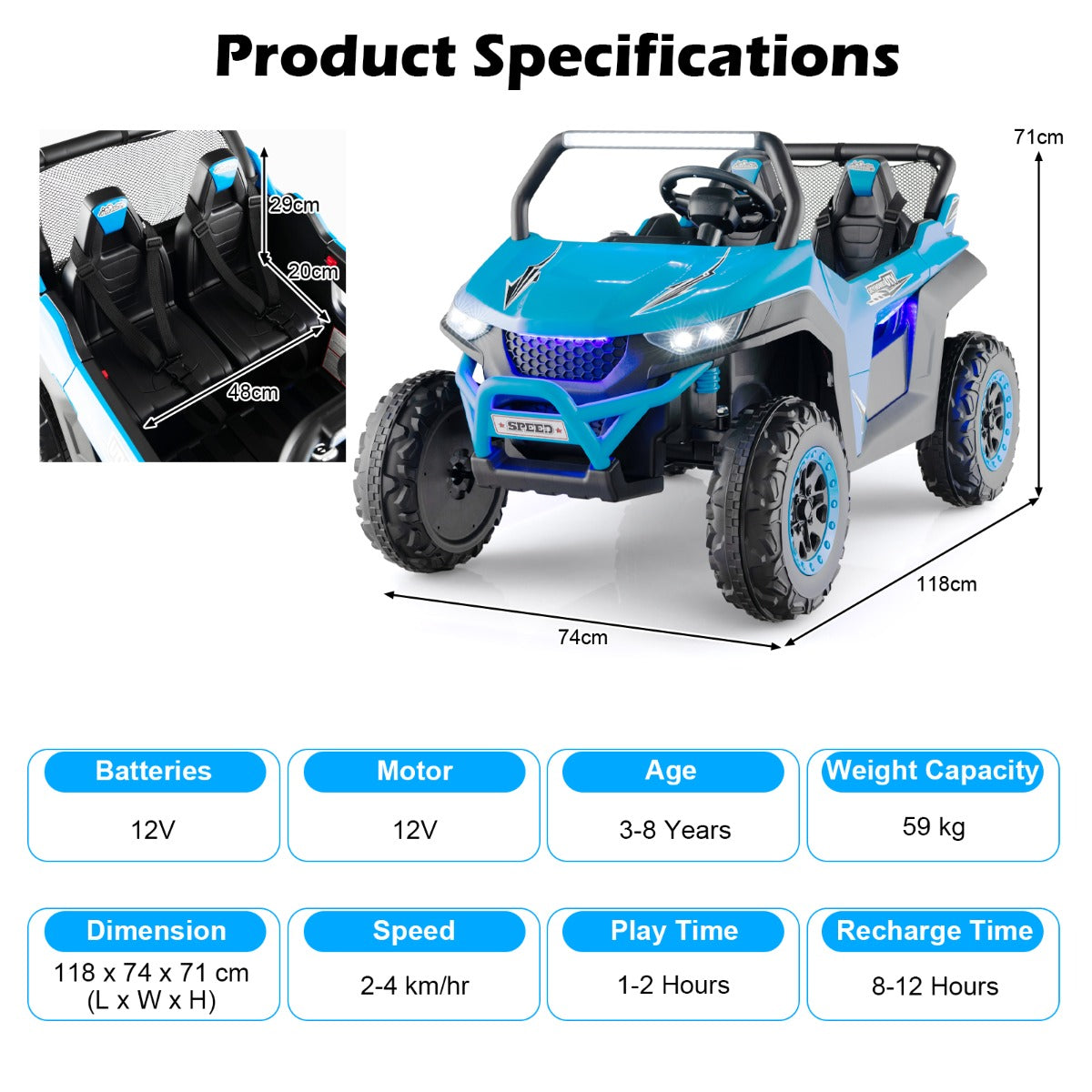 The kids electric car shown with dimension lines and a table of technical specifications