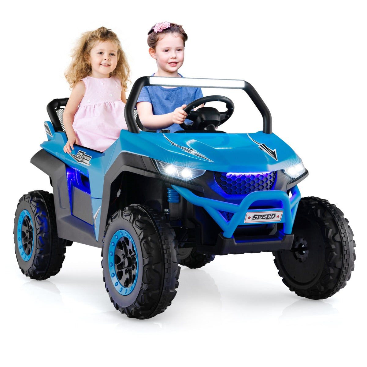 The kids electric car with two children sitting inside against a plain white background