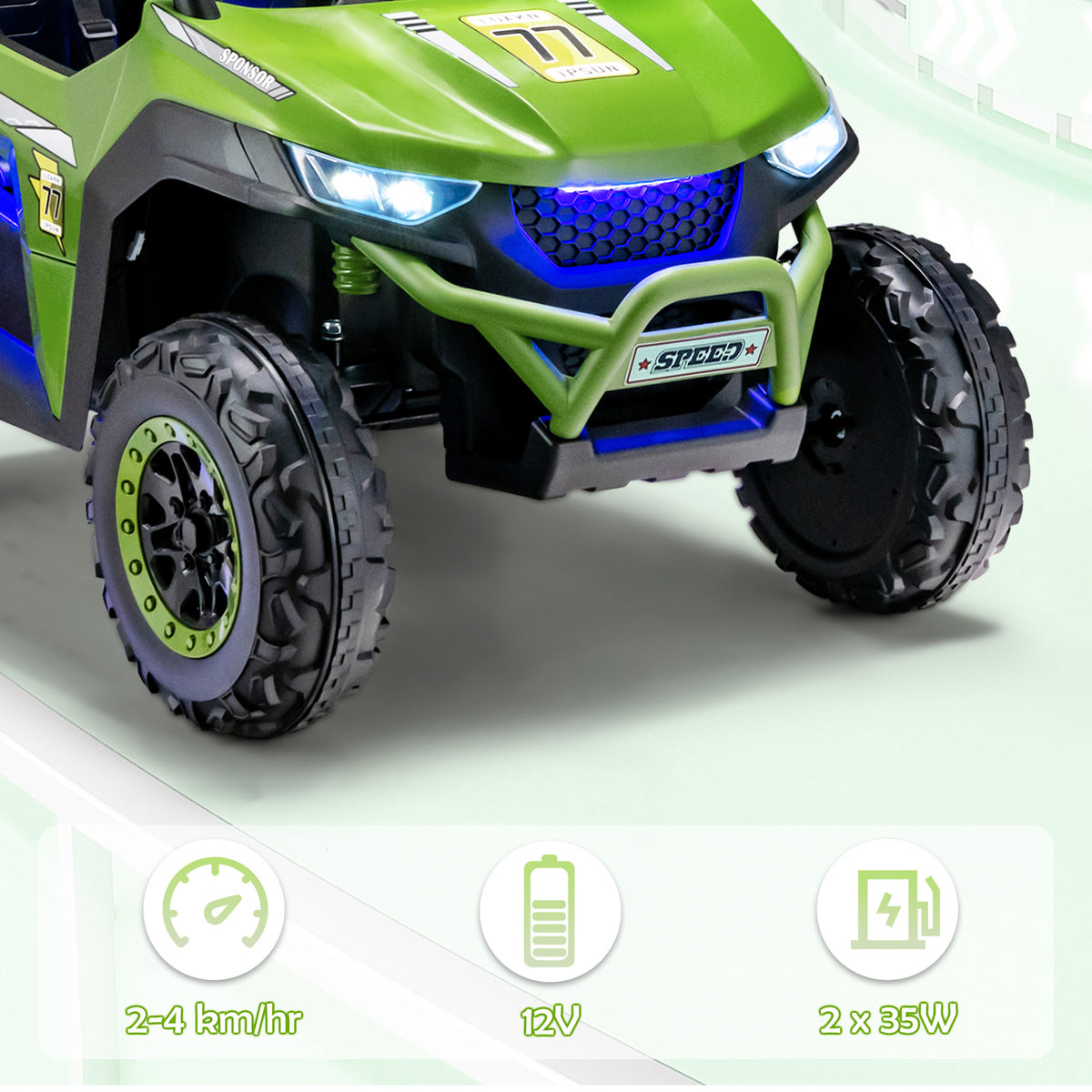 Close-up of the front of the green kids electric car, showing lights and wheels