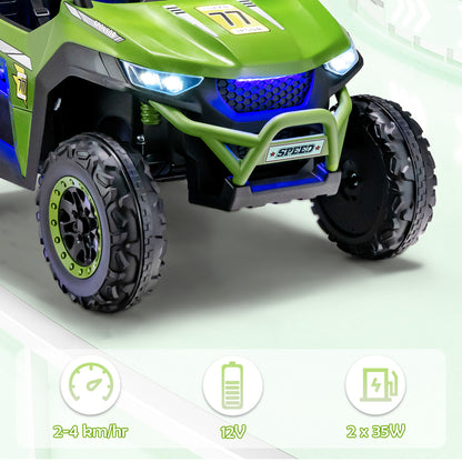 Close-up of the front of the green kids electric car, showing lights and wheels