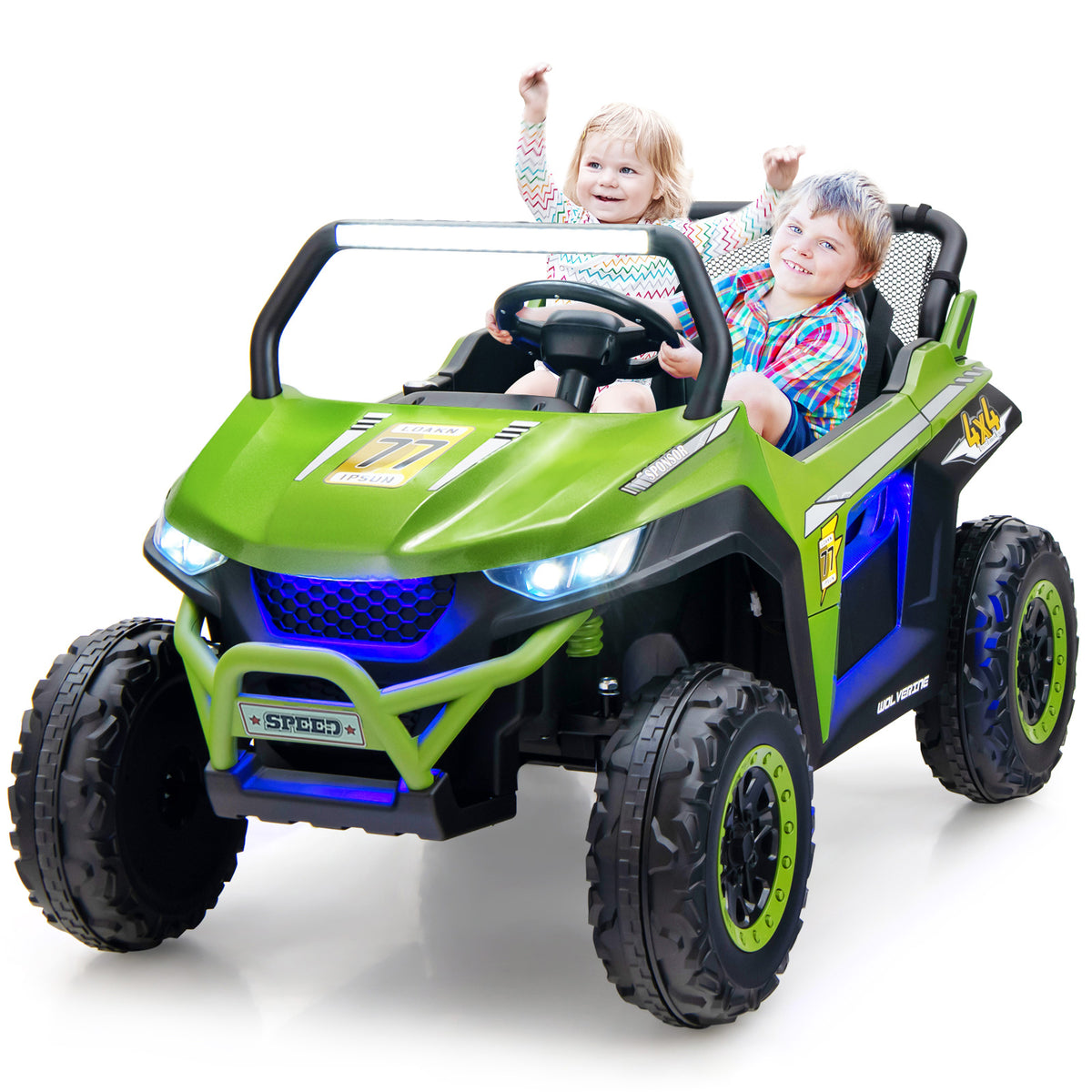 Two happy children enjoying a ride in the green kids electric car on a sunny day
