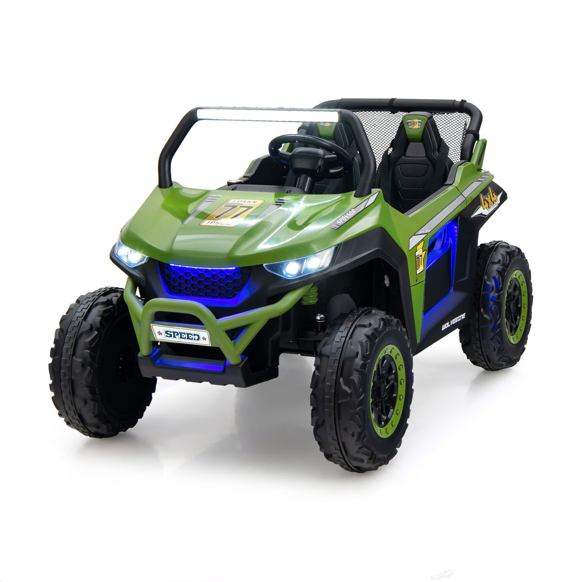 12V Battery Powered Electric Car in green, a two-seater ride-on UTV with lights and large wheels