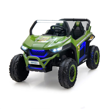 12V Battery Powered Electric Car in green, a two-seater ride-on UTV with lights and large wheels