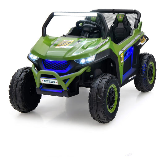 12V Battery Powered Electric Car in green, a two-seater ride-on UTV with lights and large wheels