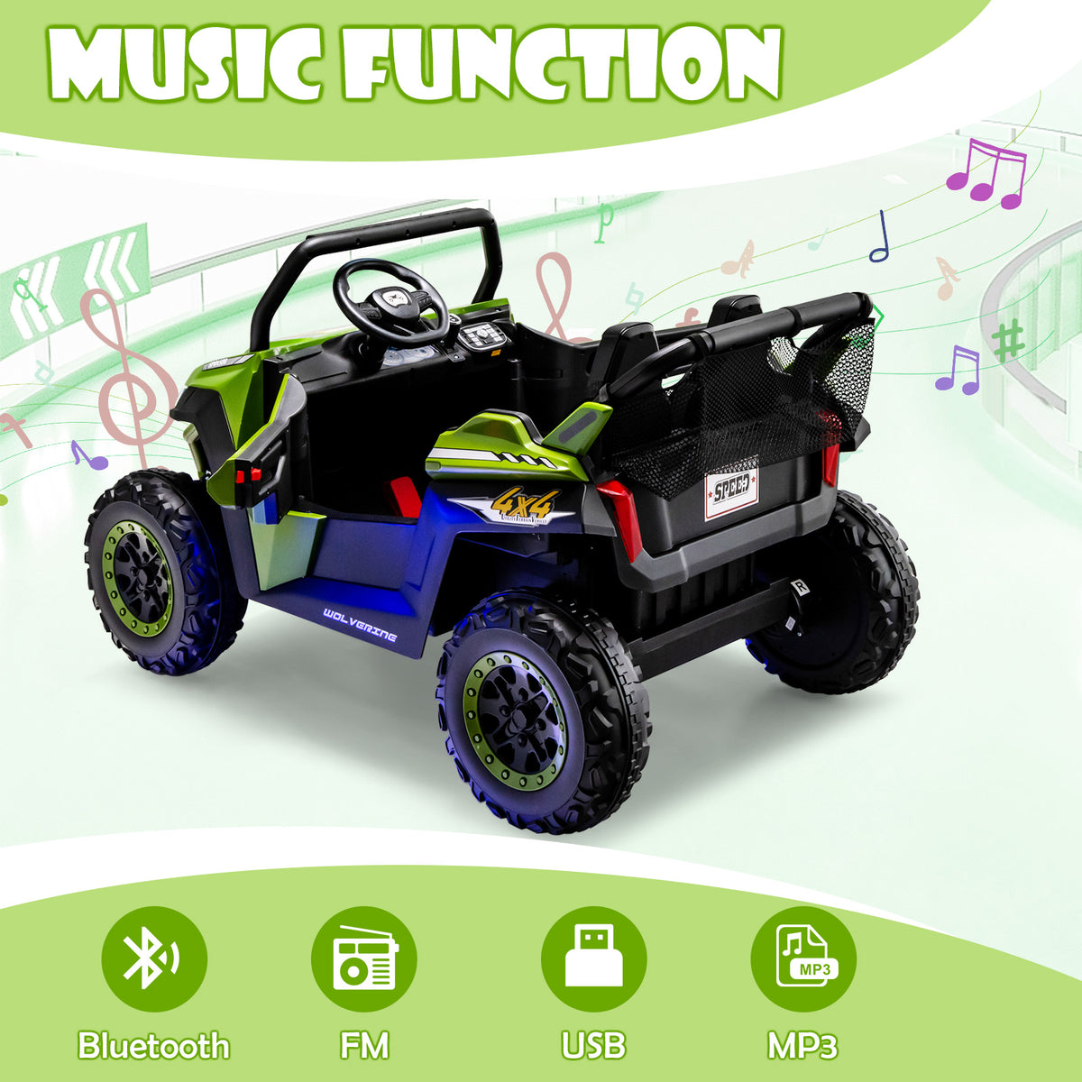 The green kids electric car with music function icons, including Bluetooth and USB