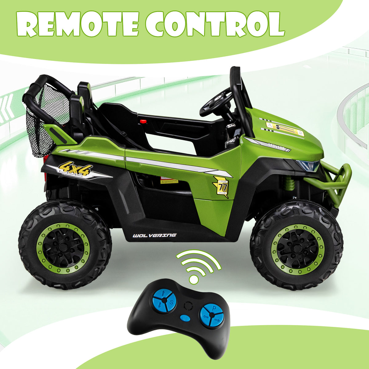 The green kids electric car with a remote control shown separately, ready for play