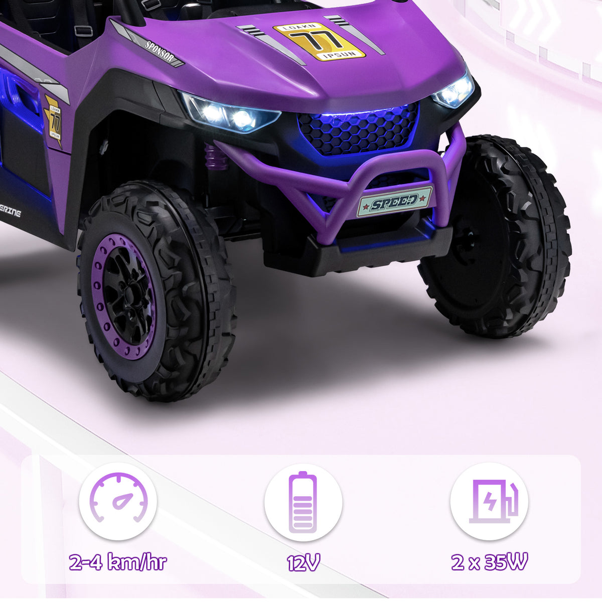 Close-up of the purple kids electric car showing its lights, wheels and front grille