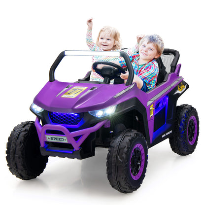 A happy boy and girl driving the purple kids electric car with their arms raised