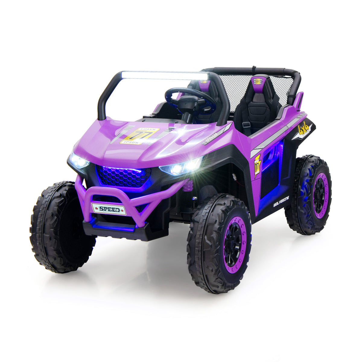 12V Battery Powered Electric Car in purple, a two-seater ride-on UTV with lights and large wheels