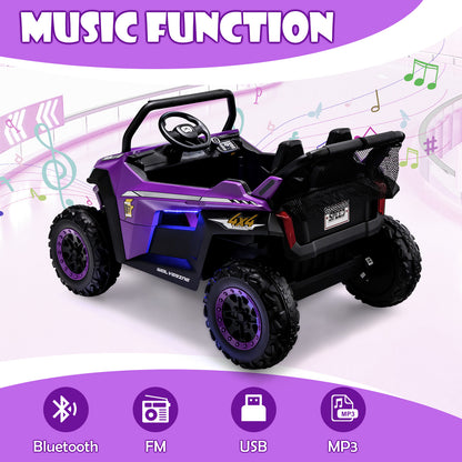 Rear view of the purple kids electric car highlighting its music functions and charging port