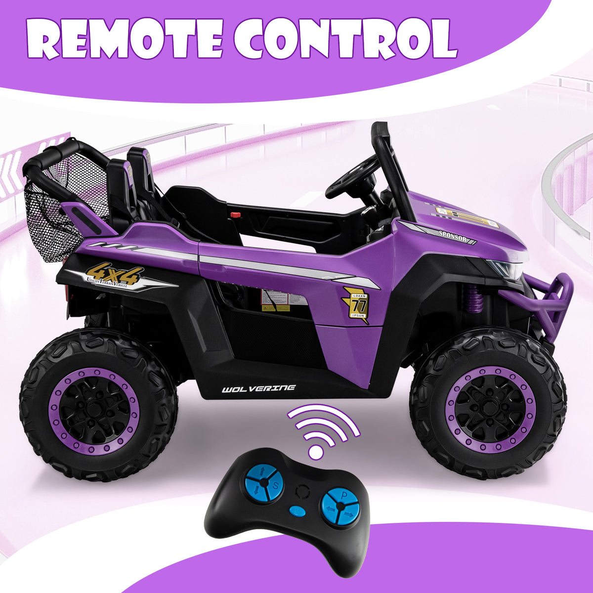 Purple kids electric car with a remote control shown in front of it