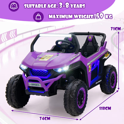 Purple kids electric car with dimensions shown for height, width and length