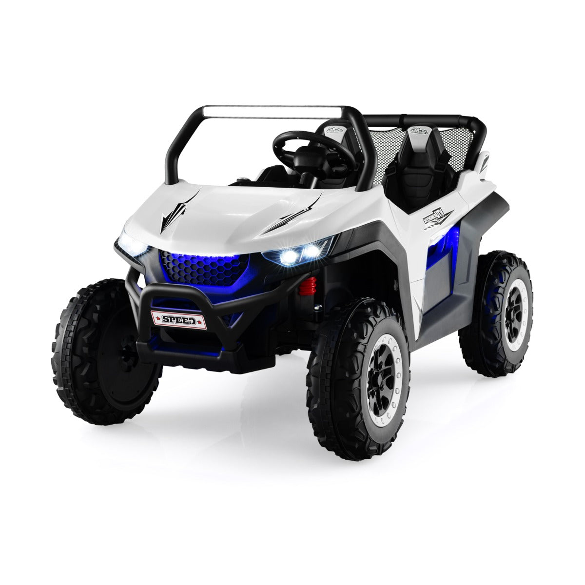 12V Battery Powered Electric Car a white two-seater ride on UTV with blue light accents