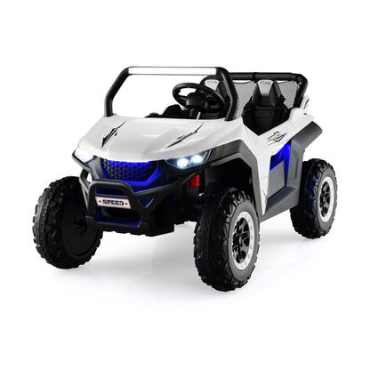 12V Battery Powered Electric Car a white two-seater ride on UTV with blue light accents