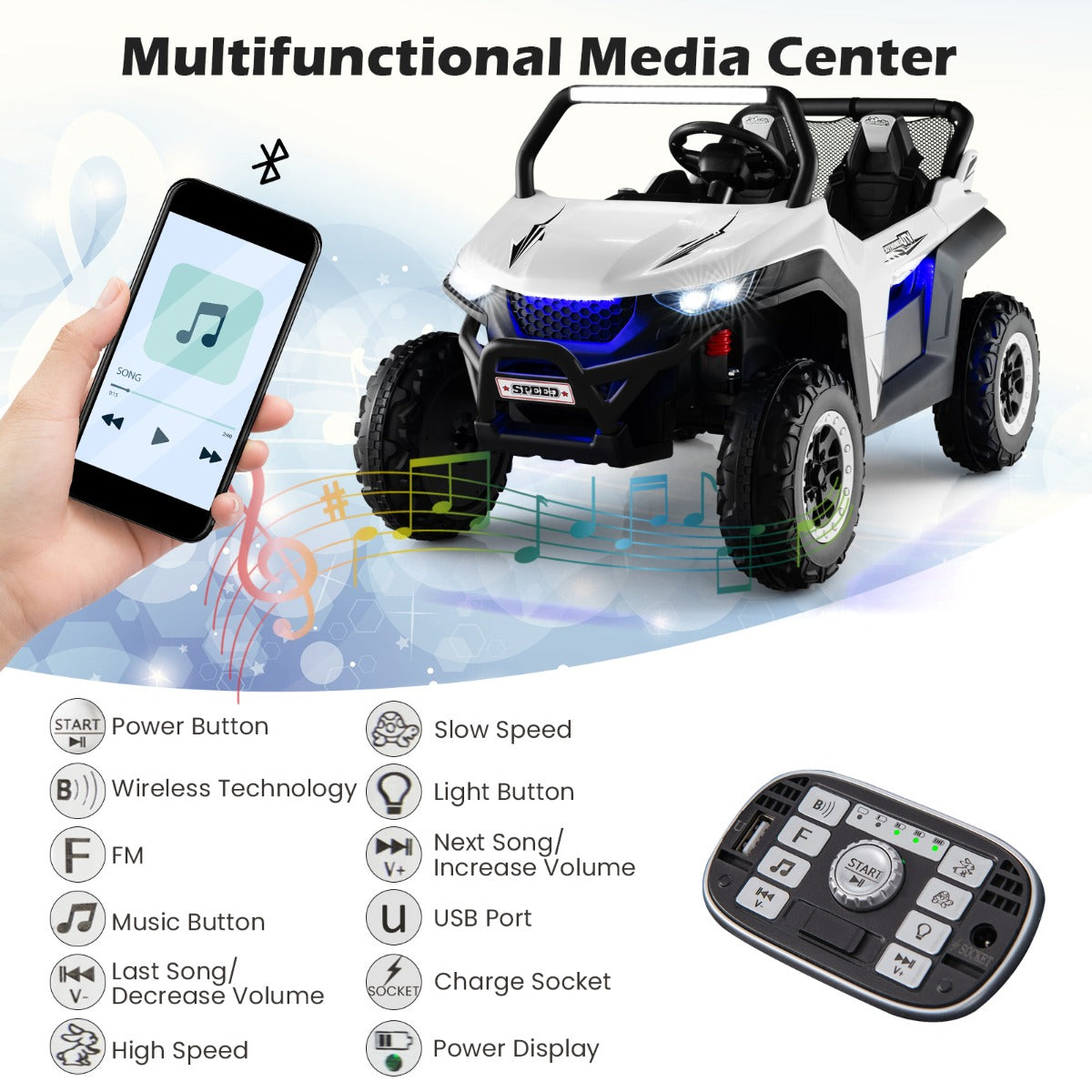 Close up of the multifunctional media centre and remote control for the kids electric car