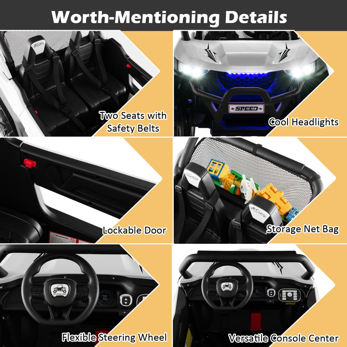 Collage of details for the kids electric car including seats, lights, and steering wheel