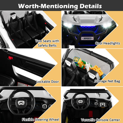 Collage of details for the kids electric car including seats, lights, and steering wheel