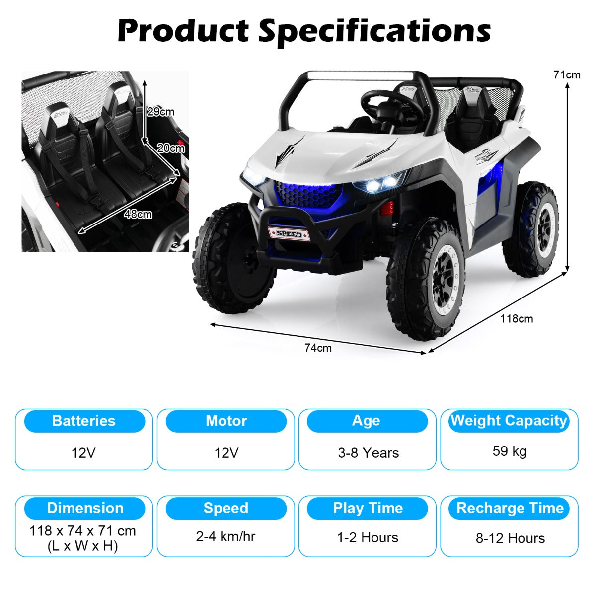 Product specifications diagram for the kids electric car showing dimensions and features