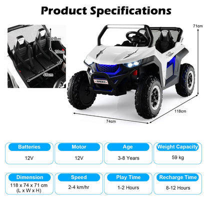Product specifications diagram for the kids electric car showing dimensions and features