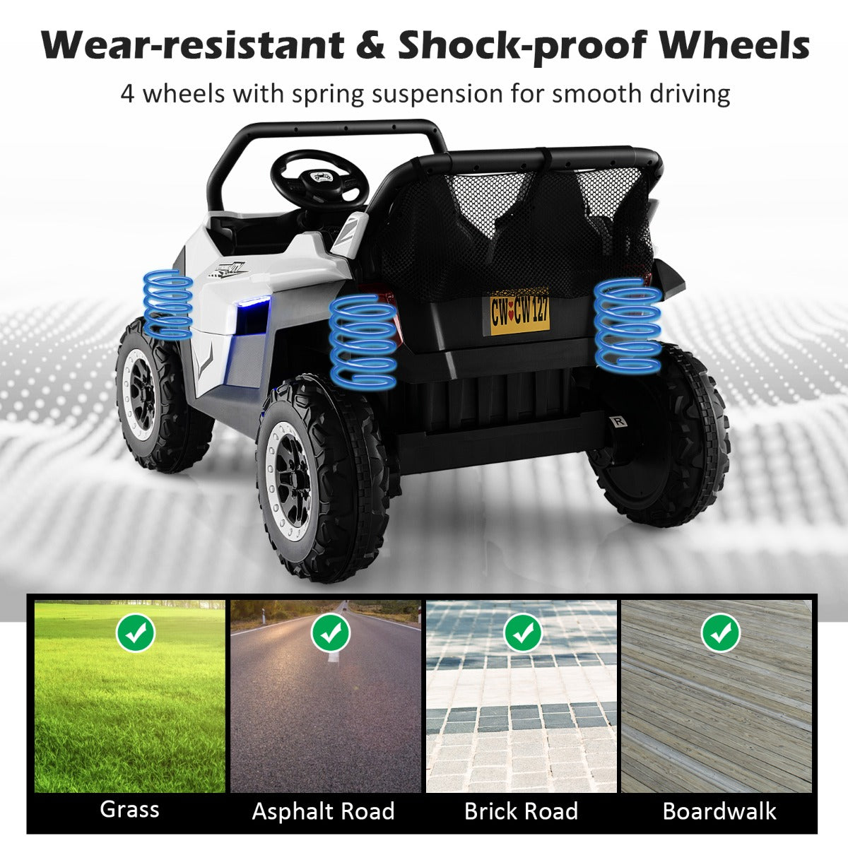 Rear view of the kids electric car showing wear-resistant wheels and suspension