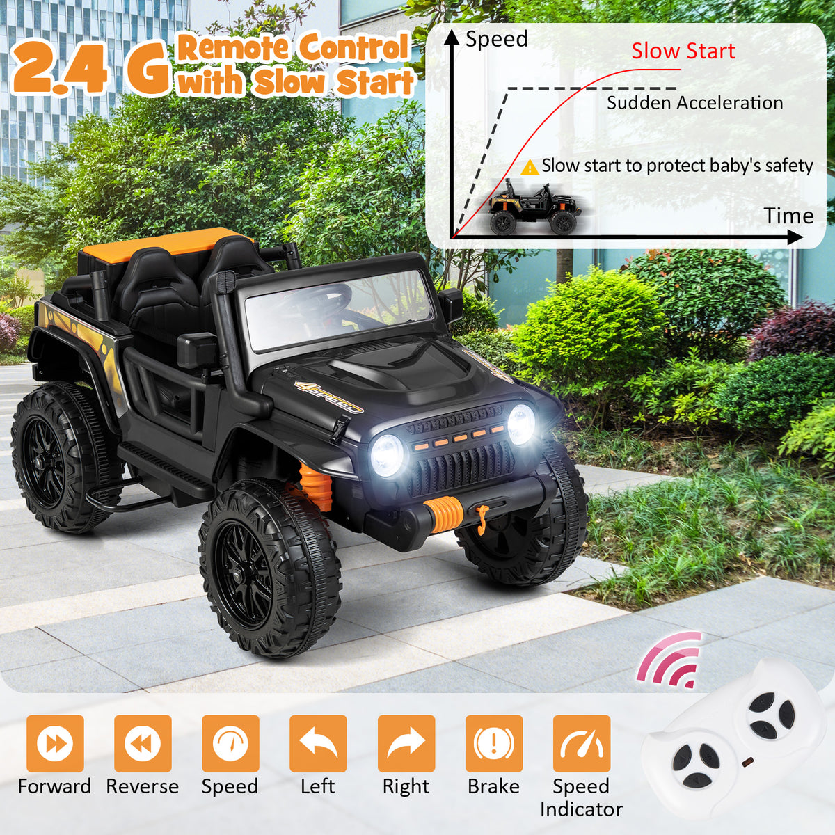 Black kids electric car with remote control and speed graph illustration