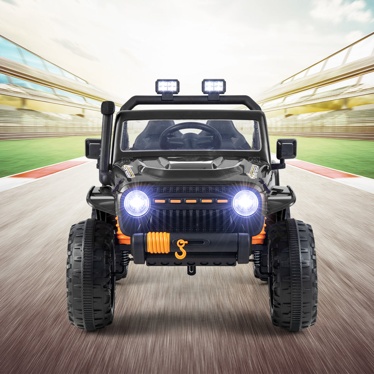 Black kids electric car with headlights on, front view on a race track