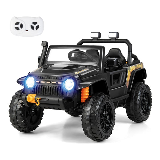 12V Battery Powered Electric Parent-Child Ride on Car in black with a remote control