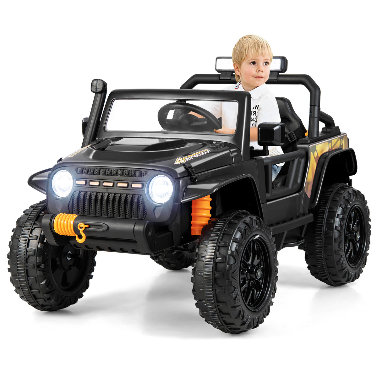 Black kids electric car with a child in the driver's seat on a path