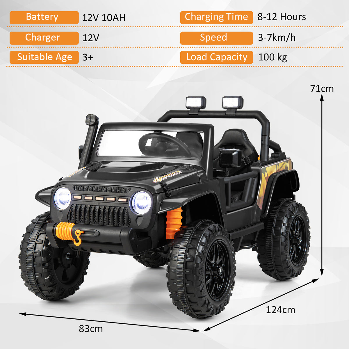 The black kids electric car shown with technical specifications and arrows indicating its dimensions