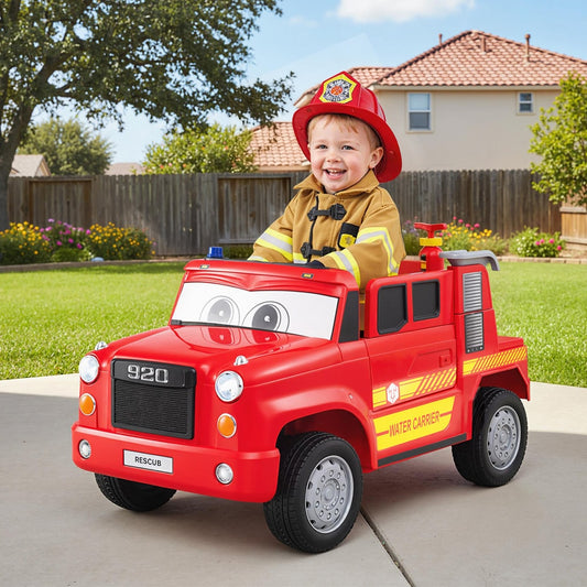 12V Battery Powered Fire Car Toy, the kids electric car being driven by a young child in a firefighter costume on a driveway