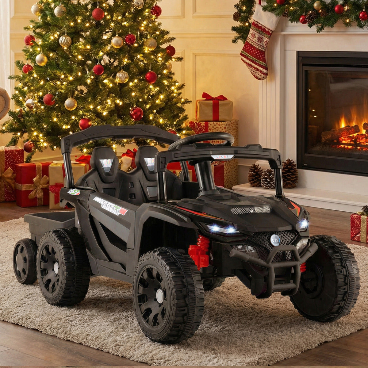 The kids electric tractor parked on a rug in front of a decorated Christmas tree