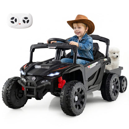 12V Battery Powered Ride On Kids Tractor with a child driving and a puppy in the trailer
