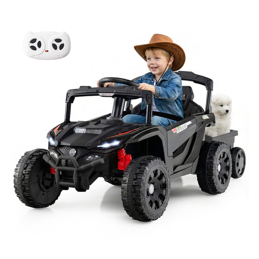 12V Battery Powered Ride On Kids Tractor with a child driving and a puppy in the trailer
