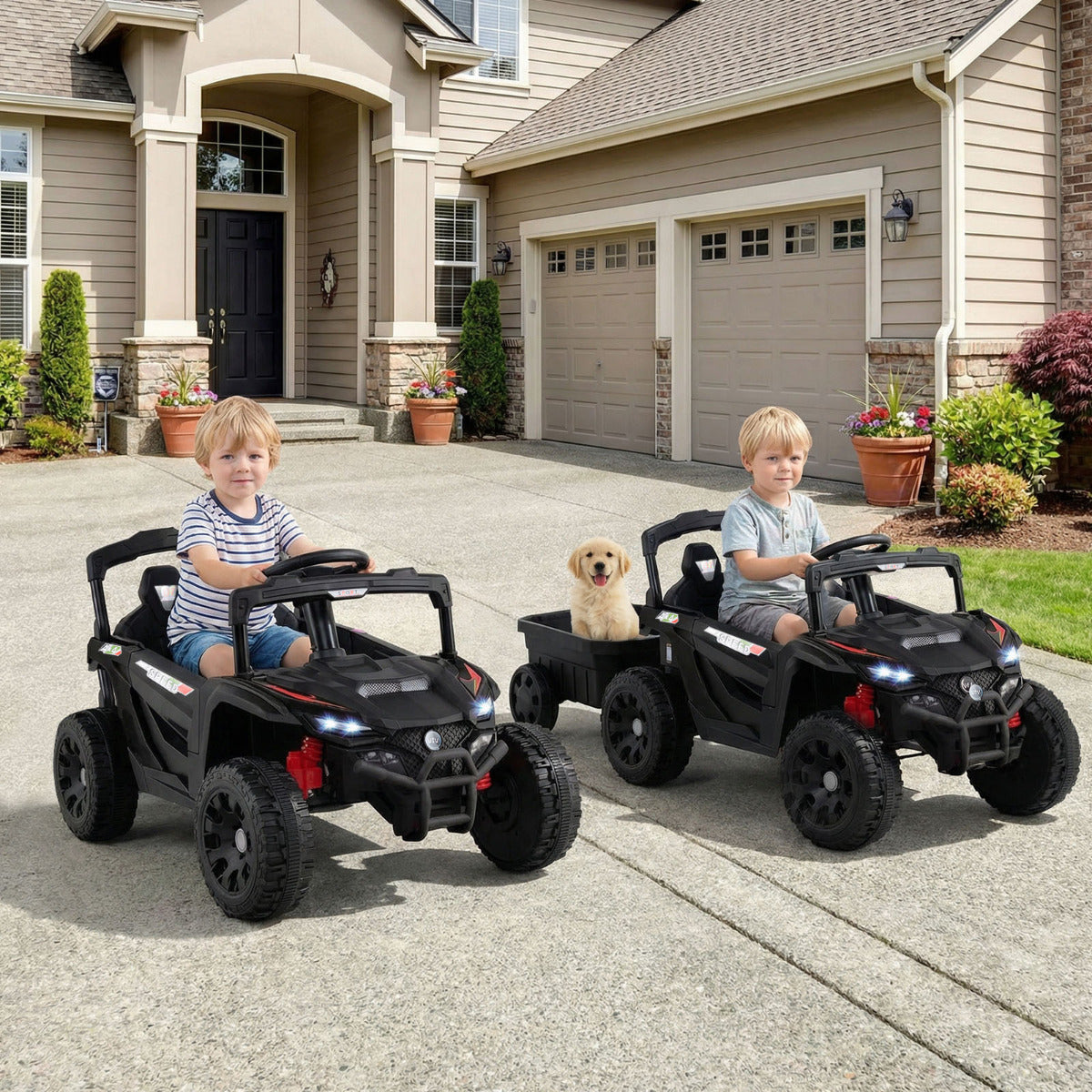 Two of the kids electric tractors parked on a driveway in front of a house